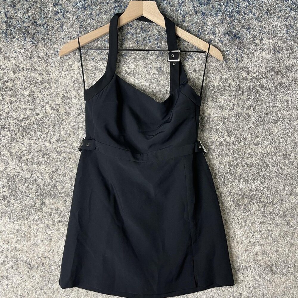 Zara Dress Womens Medium Black Buckle Halter Mini Bodycon Belted Urban Chic